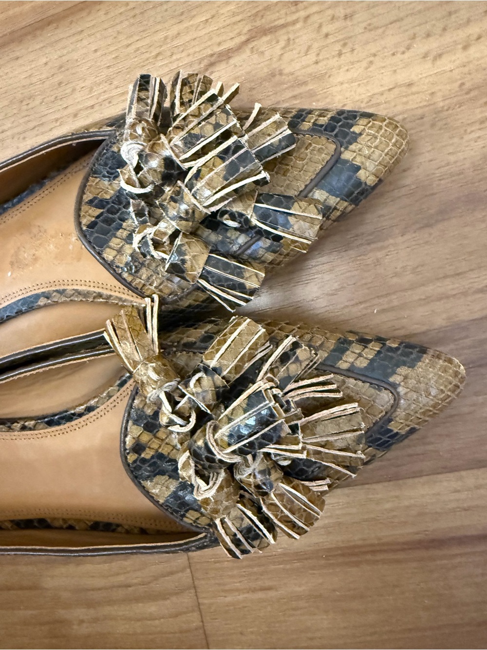 Polo by Ralph Lauren Brown Snake-Print Pointed Toe Tassel Flats